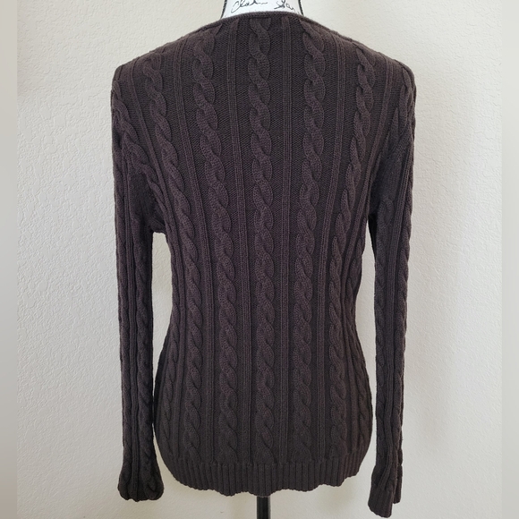 Lauren Ralph Lauren Women's Chunky Cable Knit V-Neck Sweater•Brown•100% Cotton•L - Picture 3 of 8